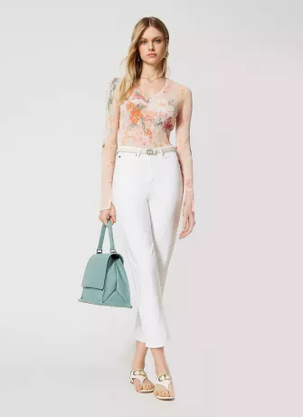 Flower printed cotton blend top