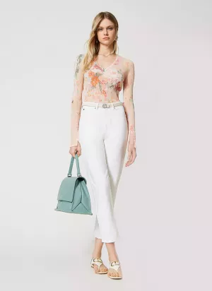 Flower printed cotton blend top